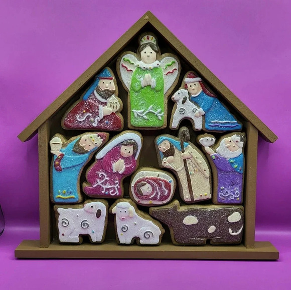 Other - Nativity Scene Christmas Decor Glittery 11 inch Angel Jesus Sheep Shepherd